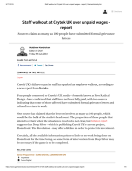 Staff Walkout at Crytek UK Over Unpaid Wages - Report | Gamesindustry.Biz