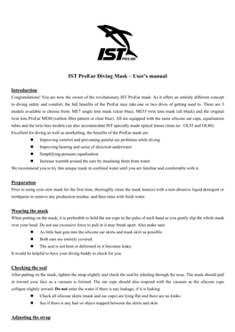 IST Proear Diving Mask – User’S Manual