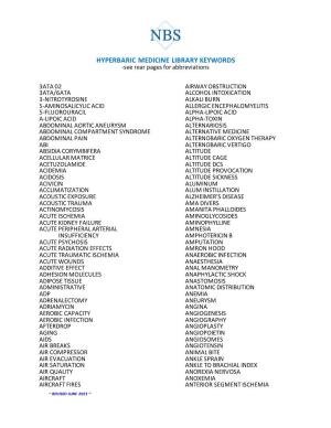 HYPERBARIC MEDICINE LIBRARY KEYWORDS -See Rear Pages for Abbreviations