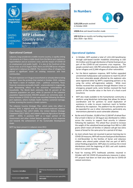 WFP Lebanon Country Brief Country Director: Abdallah Alwardat October 2020 Further Information