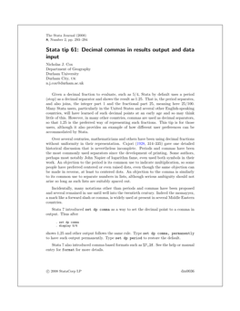 Stata Tip 61: Decimal Commas in Results Output and Data Input Nicholas J