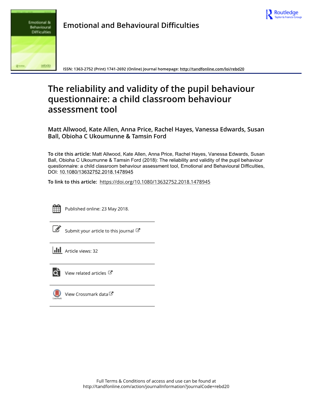 The Reliability and Validity of the Pupil Behaviour Questionnaire: a Child Classroom Behaviour Assessment Tool
