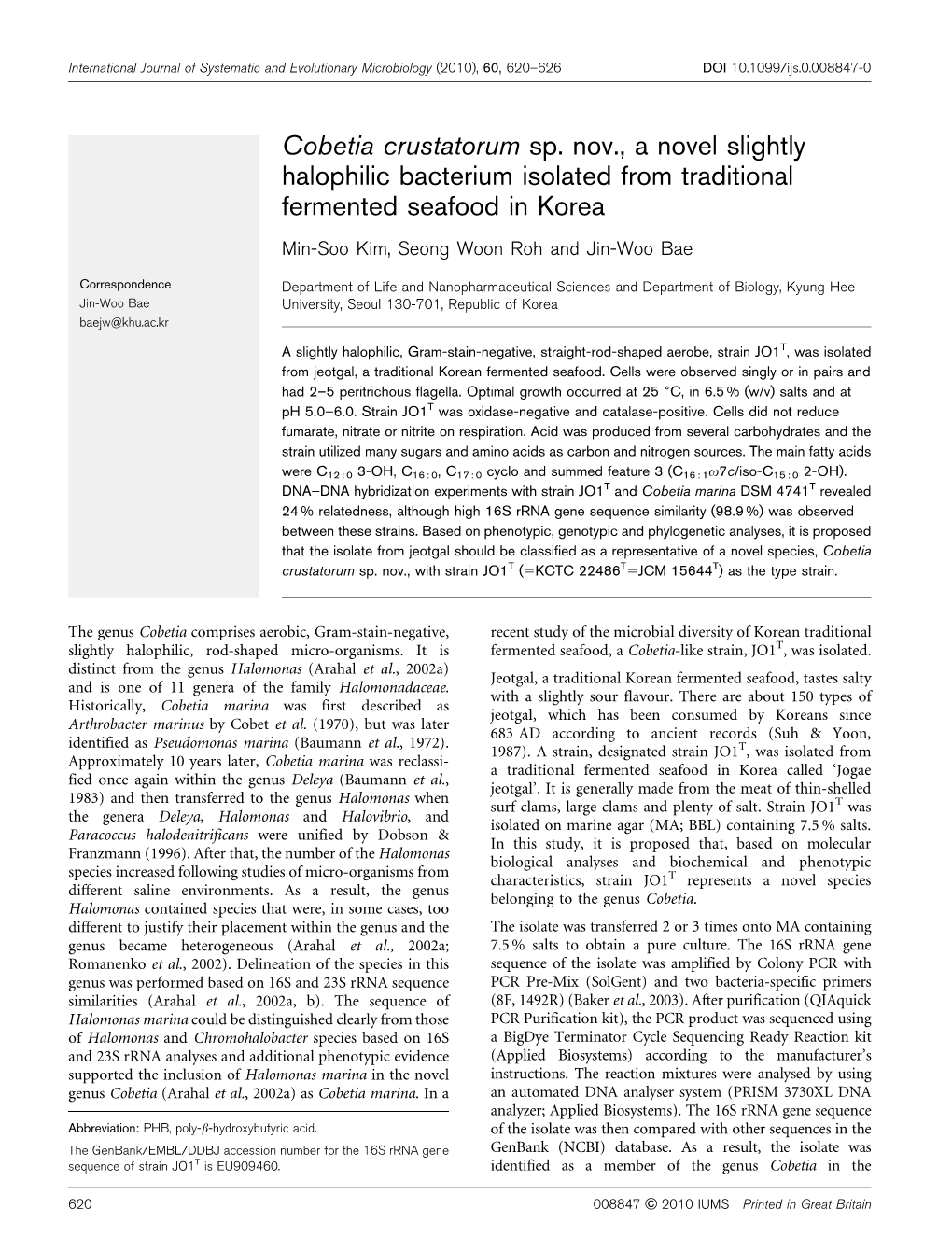 Cobetia Crustatorum Sp. Nov., a Novel Slightly Halophilic Bacterium Isolated from Traditional Fermented Seafood in Korea