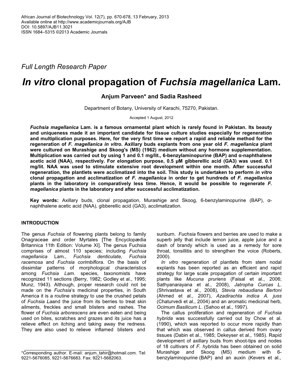 In Vitro Clonal Propagation of Fuchsia Magellanica Lam