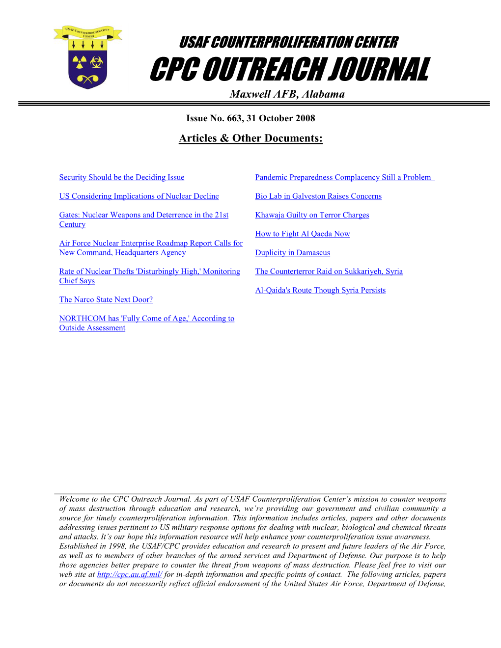 USAF Counterproliferation Center CPC Outreach Journal #663