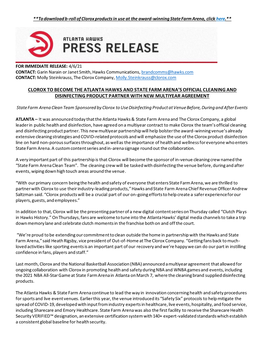 Clorox to Become the Atlanta Hawks and State Farm Arena’S Official Cleaning and Disinfecting Product Partner with New Multiyear Agreement