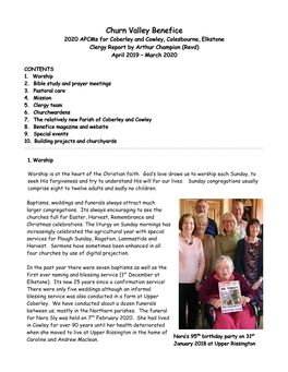 Churn Valley Benefice 2020 Apcms for Coberley and Cowley, Colesbourne, Elkstone Clergy Report by Arthur Champion (Revd) April 2019 – March 2020