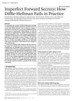 Imperfect Forward Secrecy: How Diffie-Hellman Fails in Practice by David Adrian, Karthikeyan Bhargavan, Zakir Durumeric, Pierrick Gaudry, Matthew Green, J