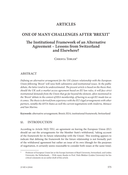 'BREXIT' the Institutional Framework of an Alternative Agreement