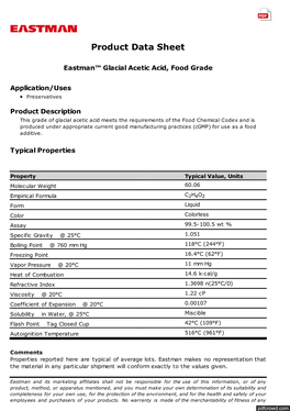 Product Data Sheet Eastman™ Glacial Acetic Acid, Food