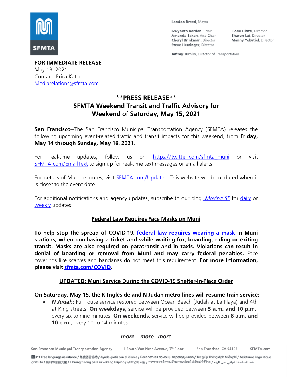 PRESS RELEASE** SFMTA Weekend Transit and Traffic Advisory for Weekend of Saturday, May 15, 2021