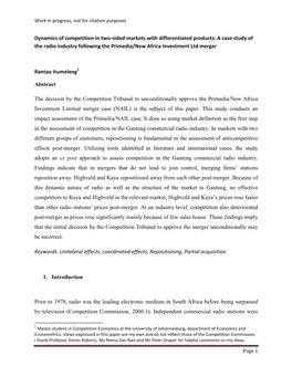 Dynamics of Competition in Two-Sided Markets with Differentiated Products: a Case Study of the Radio Industry Following the Primedia/New Africa Investment Ltd Merger