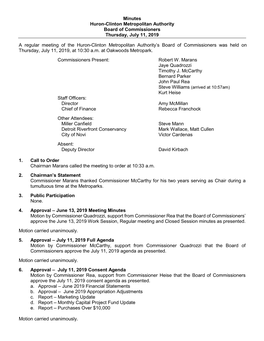 Minutes Huron-Clinton Metropolitan Authority Board of Commissioners Thursday, July 11, 2019