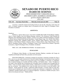 Senado De Puerto Rico Diario De Sesiones Procedimientos Y Debates De La Decimocuarta Asamblea Legislativa Quinta Sesion Ordinaria Año 2003 Vol