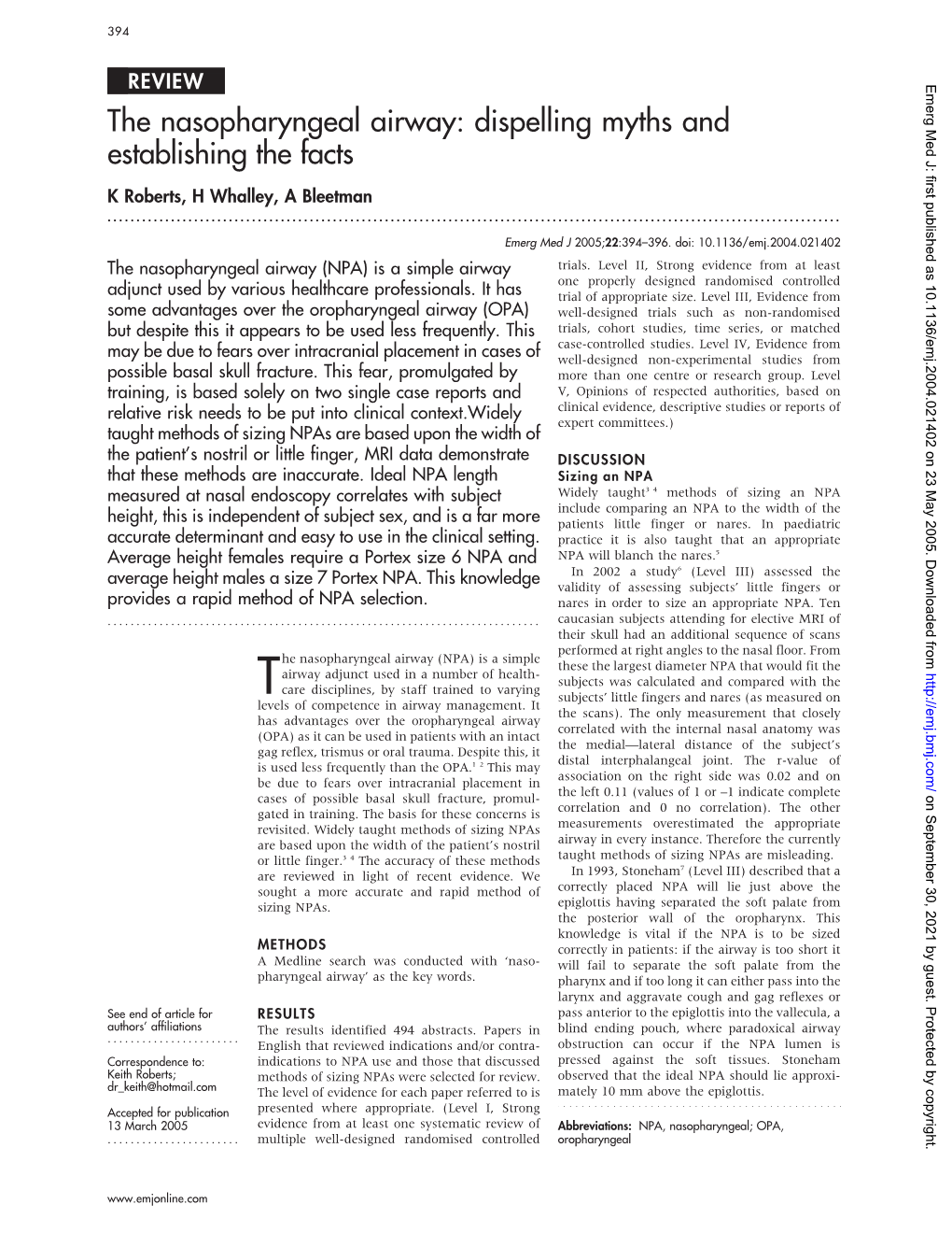 The Nasopharyngeal Airway: Dispelling Myths and Establishing the Facts