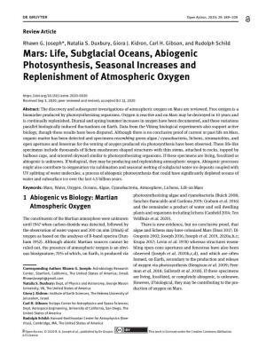 Mars: Life, Subglacial Oceans, Abiogenic Photosynthesis, Seasonal Increases and Replenishment of Atmospheric Oxygen