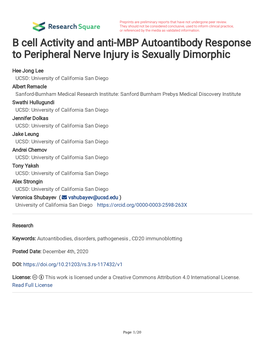 B Cell Activity and Anti-MBP Autoantibody Response to Peripheral Nerve Injury Is Sexually Dimorphic