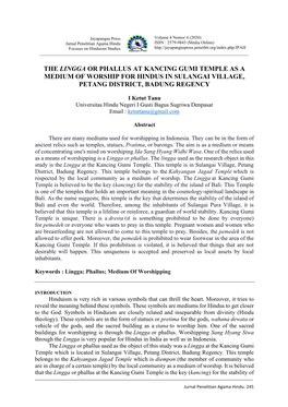 The Lingga Or Phallus at Kancing Gumi Temple As a Medium of Worship for Hindus in Sulangai Village, Petang District, Badung Regency