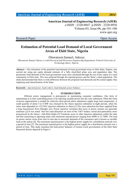 Estimation of Potential Load Demand of Local Government Areas of Ekiti State, Nigeria