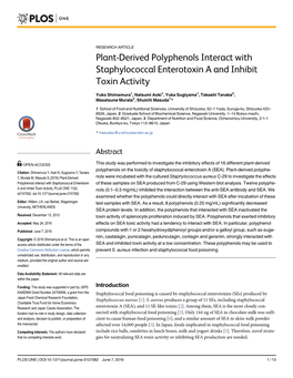 Plant-Derived Polyphenols Interact with Staphylococcal Enterotoxin a and Inhibit Toxin Activity