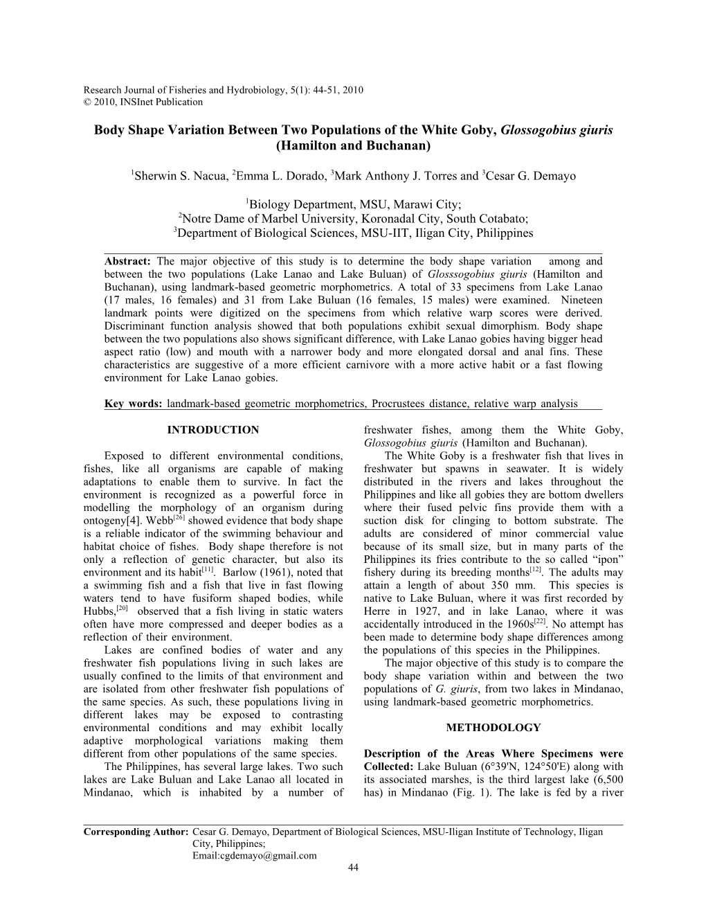 Geometric Morphometric Analysis of Body Shape Variation Among And