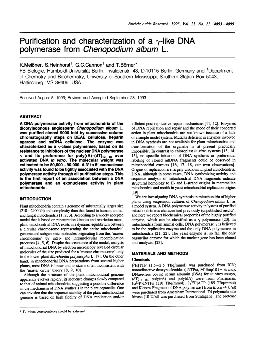 Purification and Characterization of a Y-Like DNA Polymerase from Chenopodium Album L