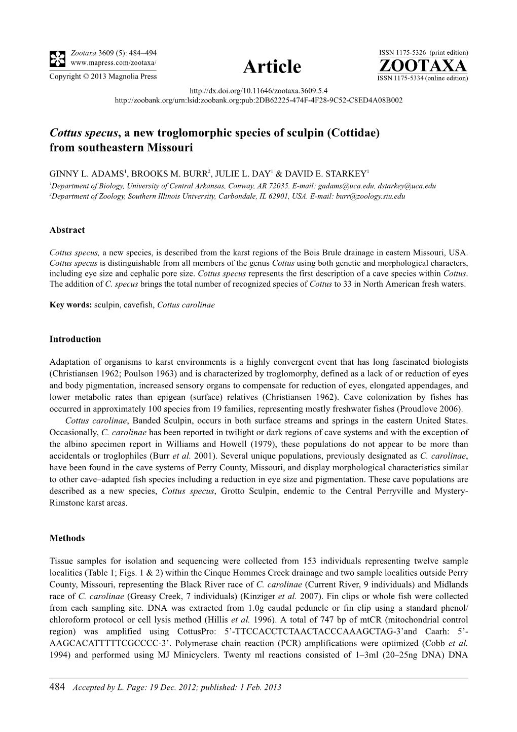 Cottus Specus, a New Troglomorphic Species of Sculpin (Cottidae) from Southeastern Missouri