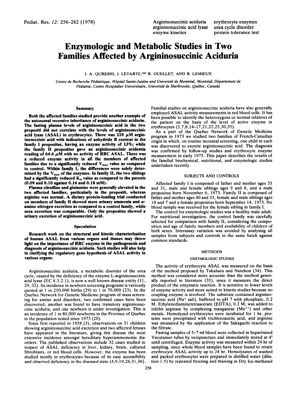 Enzymologic and Metabolic Studies in Two Families Affected by Argininosuccinic Aciduria