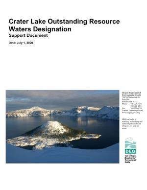 Crater Lake Outstanding Resource Water Designation – Support Document