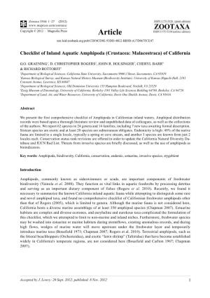 Checklist of Inland Aquatic Amphipoda (Crustacea: Malacostraca) of California