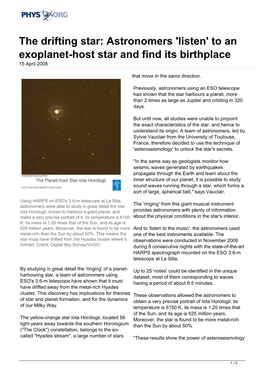 The Drifting Star: Astronomers 'Listen' to an Exoplanet-Host Star and Find Its Birthplace 15 April 2008