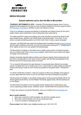MEDIA RELEASE Aussie Batsmen Set to Don the Mo in Movember