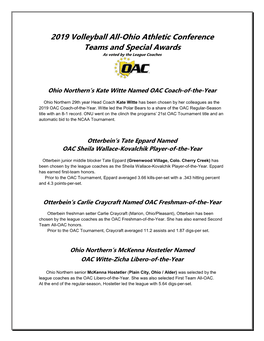 2019 Volleyball All-Ohio Athletic Conference Teams and Special Awards As Voted by the League Coaches