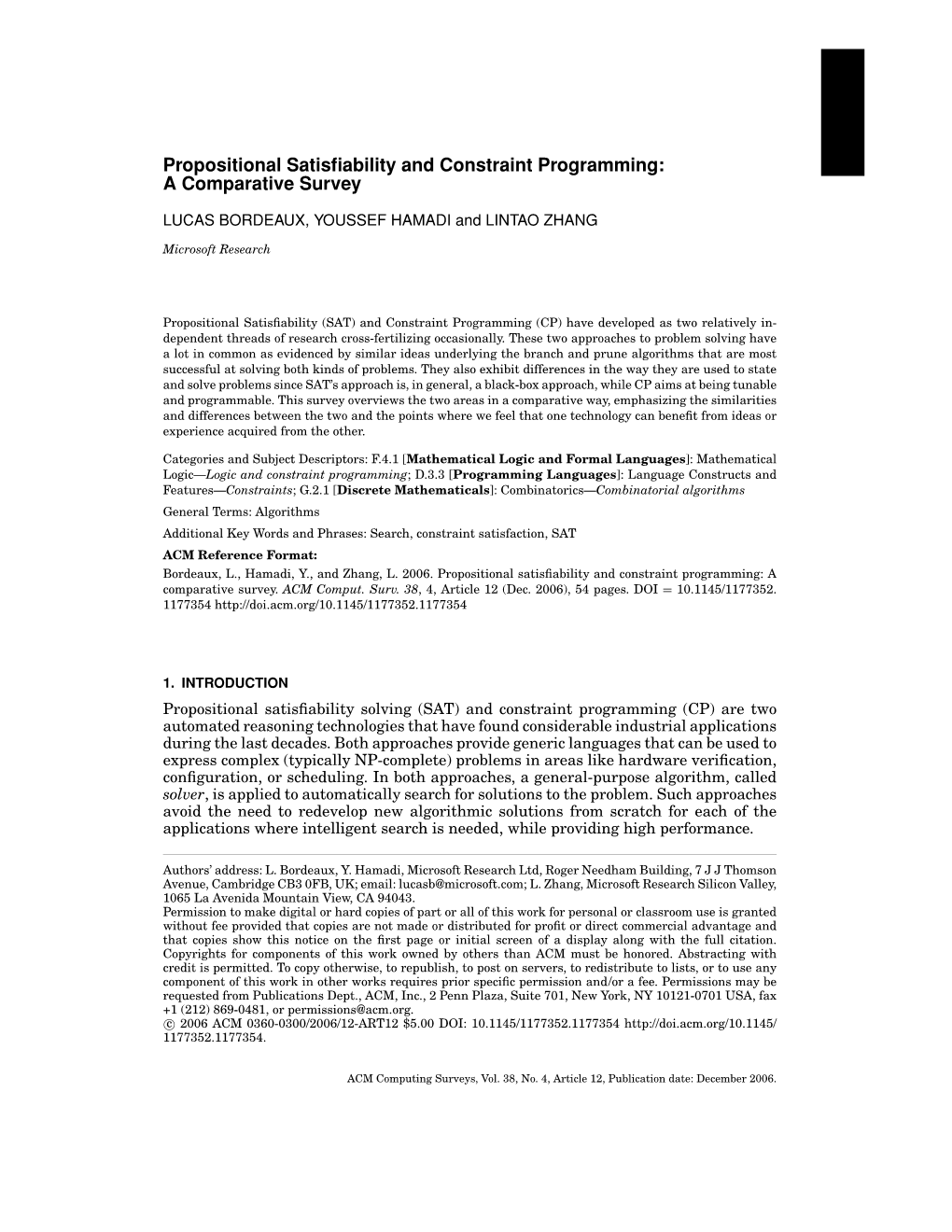 Propositional Satisfiability and Constraint Programming