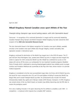 Mikaël Kingsbury Named Canadian Snow Sport Athlete of the Year