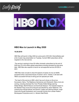 HBO Max to Launch in May 2020