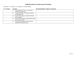 Child Restraint Law Enforcement Worksheet Write the V