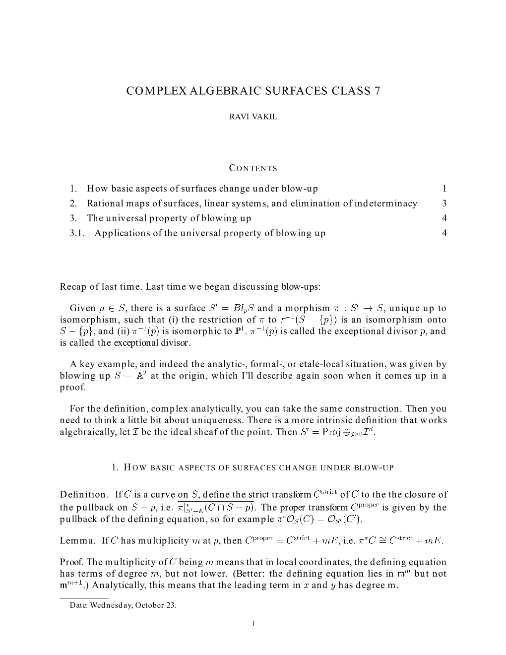 Complex Algebraic Surfaces Class 7