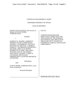 UNITED STATES DISTRICT COURT NORTHERN DISTRICT of TEXAS DALLAS DIVISION SARAH VON COLDITZ, Derivatively on Behalf of EXXON MOBIL