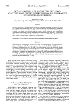 Gryllus Cayensis N. Sp. (Orthoptera: Gryllidae), a Taciturn Wood Cricket Extirpated from the Florida Keys: Songs, Ecology and Hybrids