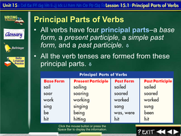 Principal Parts of Verbs • All Verbs Have Four Principal Parts–A Base Form, a Present Participle, a Simple Past Form, and a Past Participle