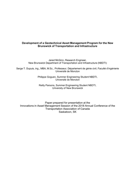 Development of a Geotechnical Asset Management Program for the New Brunswick of Transportation and Infrastructure