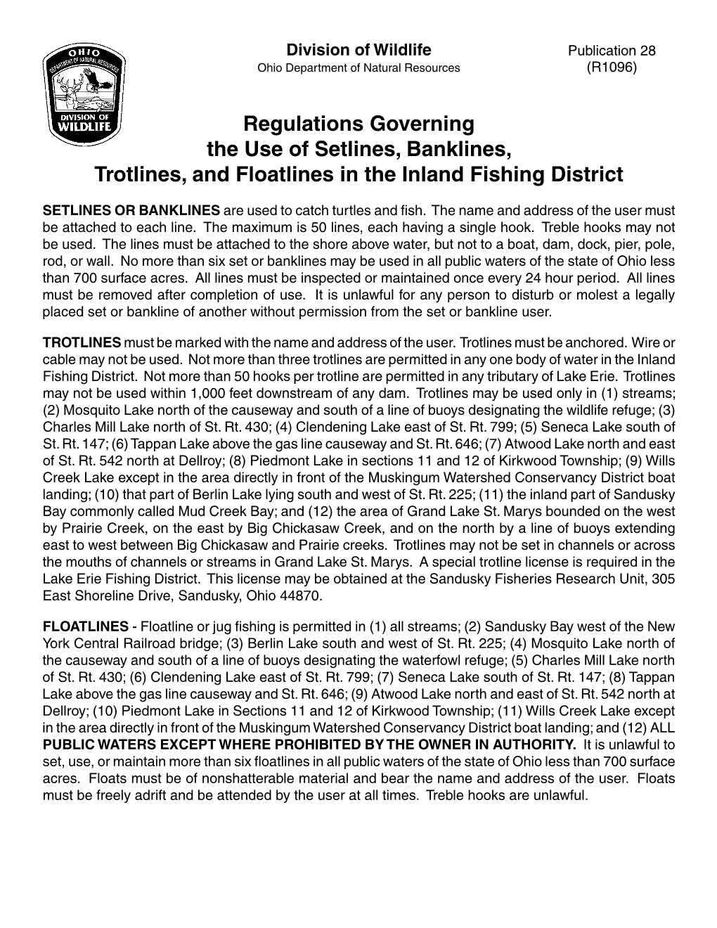 Regulations Governing the Use of Setlines, Banklines, Trotlines, and Floatlines in the Inland Fishing District
