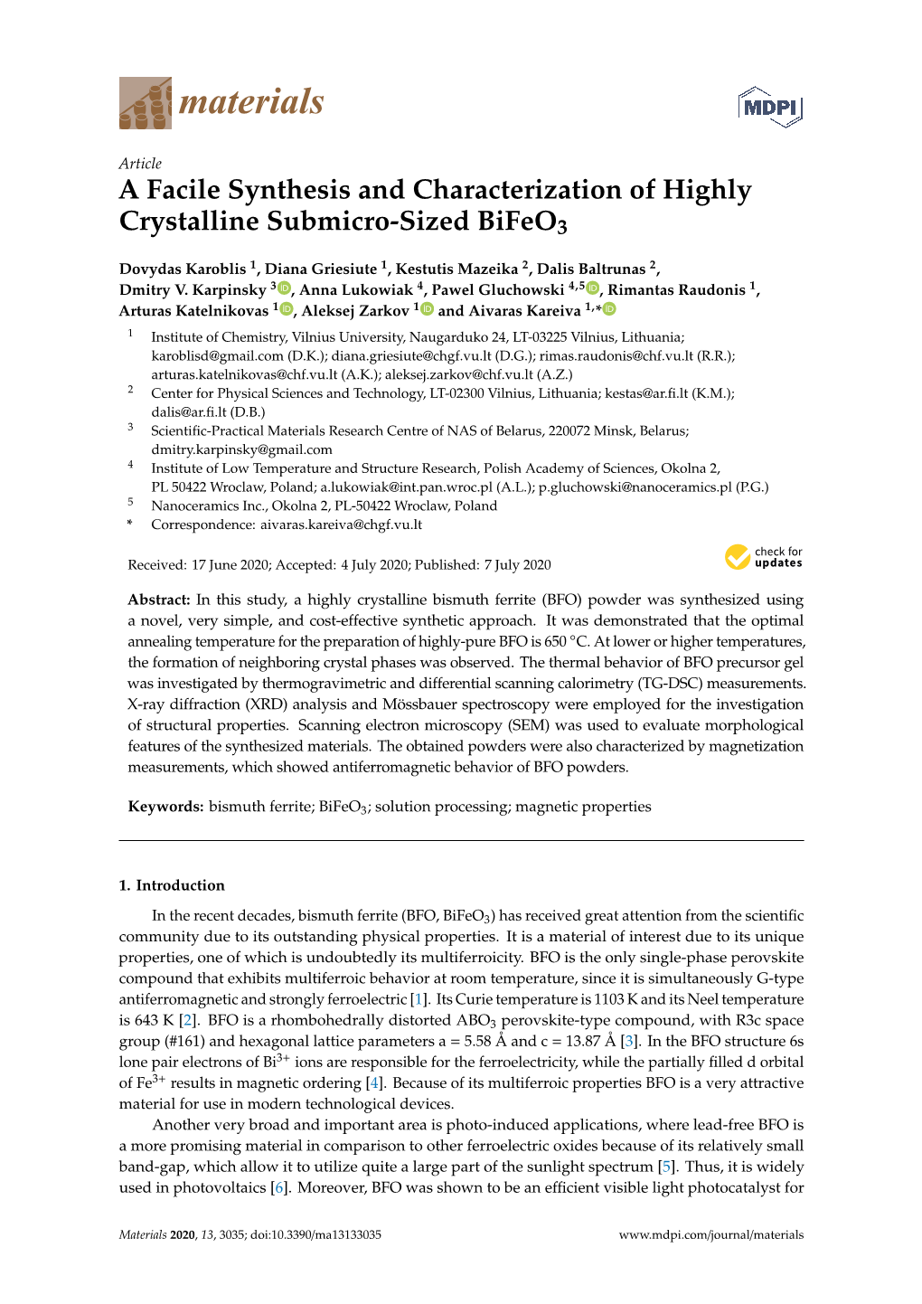 A Facile Synthesis and Characterization of Highly Crystalline Submicro-Sized Bifeo3