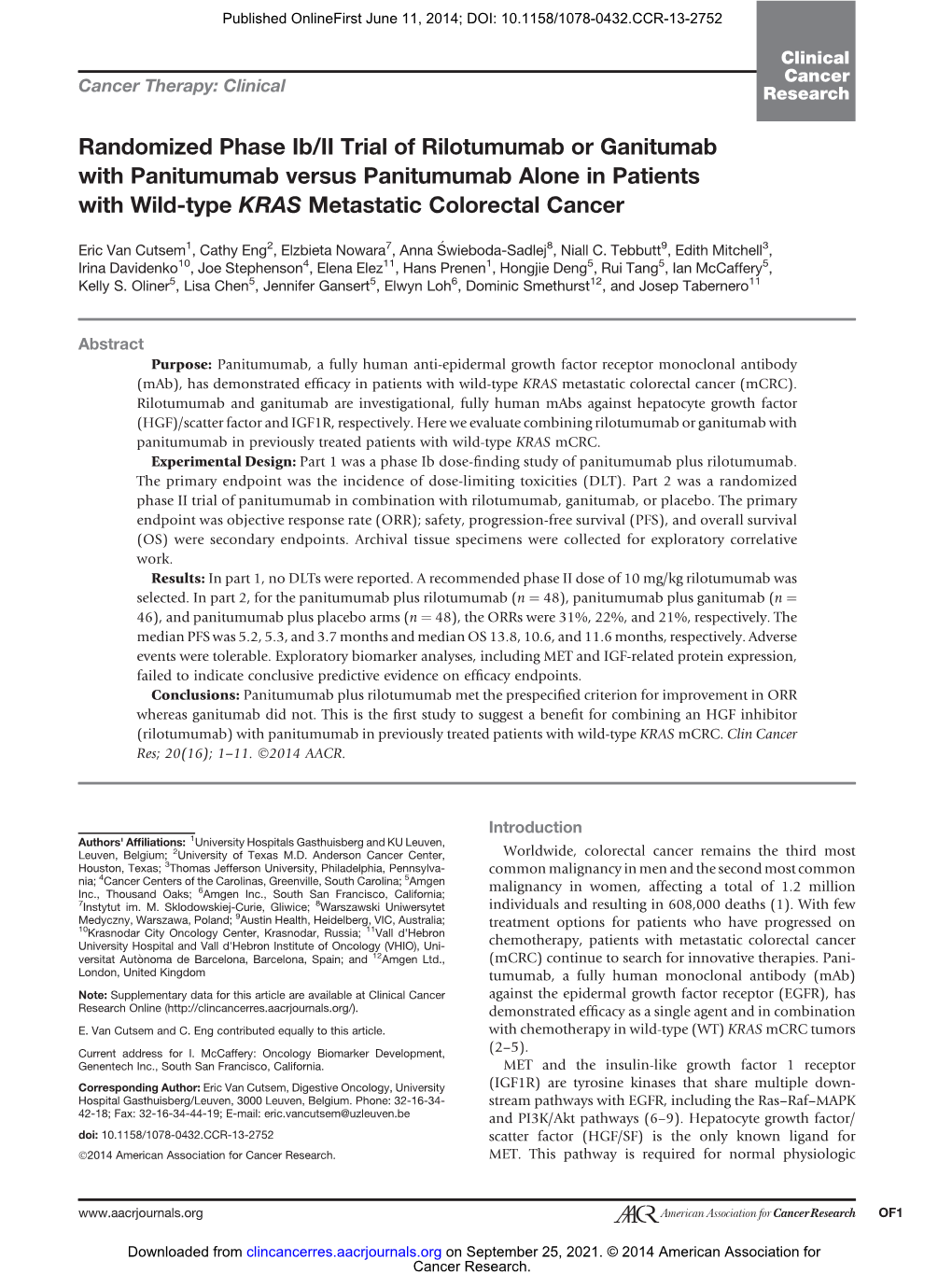 Randomized Phase Ib/II Trial of Rilotumumab Or Ganitumab with Panitumumab Versus Panitumumab Alone in Patients with Wild-Type KRAS Metastatic Colorectal Cancer