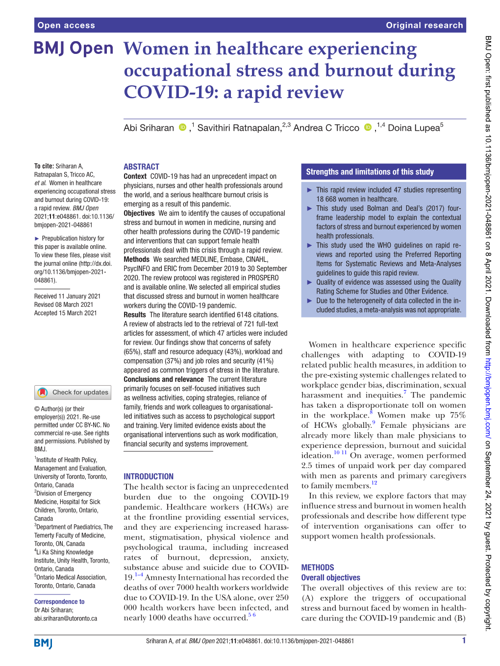 Women in Healthcare Experiencing Occupational Stress and Burnout During COVID-19: a Rapid Review