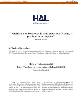 Mithridate Ou Beaucoup De Bruit Pour Rien. Racine, Le Politique Et Le Tragique ” Arnaud Rykner