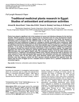 Traditional Medicinal Plants Research in Egypt: Studies of Antioxidant and Anticancer Activities
