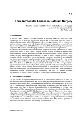 Toric Intraocular Lenses in Cataract Surgery