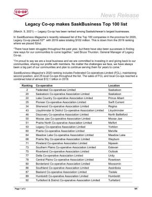 News Release Legacy Co-Op Makes Saskbusiness Top 100 List